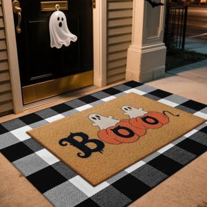 imageASPMIZ 2 Piece Halloween Door Mat Combo Set  Black Witch Coir Doormat Non Slip  28x43 Inches Buffalo Plaid Rug Washable Halloween Welcome Mat for Front Door Porch Entryway Holiday DecorationsBoo