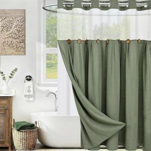 imageASPMIZ Farmhouse Shower Curtain and Liner Set No Hook Shower Curtain with Snap in Liner Fabric Rustic Washable Waterproof Bathroom Curtains with Button Mesh Top Window Pink Striped 71x 74Green