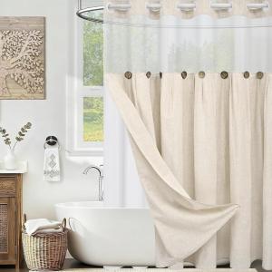 imageASPMIZ Farmhouse Shower Curtain and Liner Set No Hook Shower Curtain with Snap in Liner Fabric Rustic Washable Waterproof Bathroom Curtains with Button Mesh Top Window Pink Striped 71x 74Linen Color