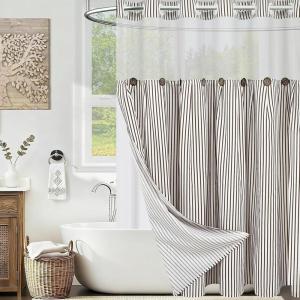imageASPMIZ Farmhouse Shower Curtain and Liner Set No Hook Shower Curtain with Snap in Liner Fabric Rustic Washable Waterproof Bathroom Curtains with Button Mesh Top Window Pink Striped 71x 74Brown Striped