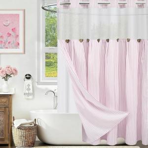imageASPMIZ Farmhouse Shower Curtain and Liner Set No Hook Shower Curtain with Snap in Liner Fabric Rustic Washable Waterproof Bathroom Curtains with Button Mesh Top Window Pink Striped 71x 74Pink Striped