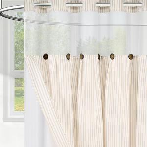 imageASPMIZ Farmhouse Shower Curtain and Liner Set No Hook Shower Curtain with Snap in Liner Fabric Rustic Washable Waterproof Bathroom Curtains with Button Mesh Top Window Pink Striped 71x 74Beige Striped