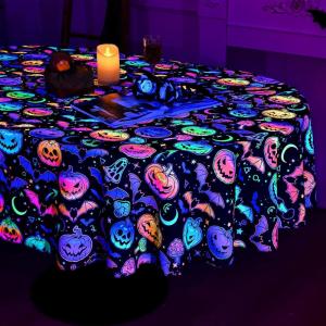 imageASPMIZ Halloween Tablecloth Rectangle Table Waterproof Blacklight Spooky Pumpkin Table Cloth Washable Polyester UV Reactive Table Cloth WrinkleFree Table Cover for Halloween Decorations 60 x 104Pumpkin
