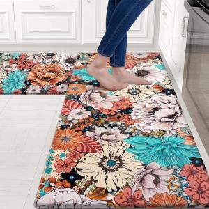 imageASPMIZ Boho Floral Kitchen Rugs Non Slip Sets of 2 20 x 31  20 x 48 Farmhouse Kitchen Mats Cushioned Anti Fatigue Bohemian Colorful Flower Kitchen Mats for Floor Comfort Standing Mat