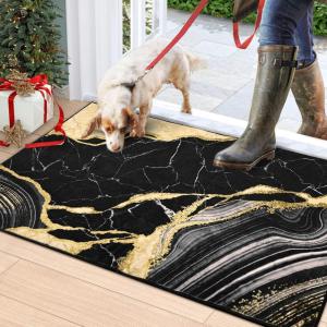 imageASPMIZ Marble Area Rug 3x5 Entryway Rug NonSlip Washable Indoor Door Mat Modern Small Throw Rugs for Kitchen Soft Faux Wool Red and Gold Rug Floor Carpet Front Door Rugs Low ProfileBlack